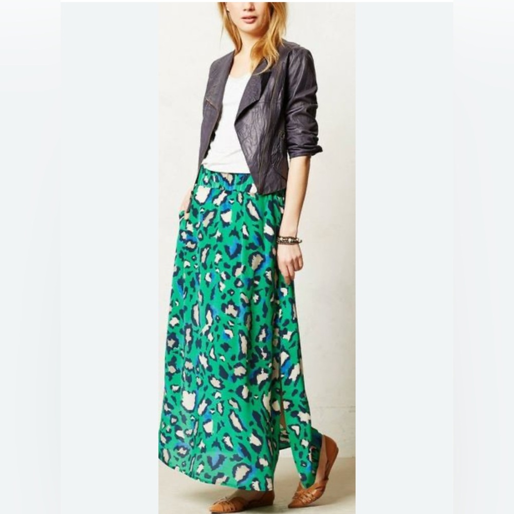 Anthropologie Vanessa Virginia Silk Green/Blue Leopard Print Skirt Size Small